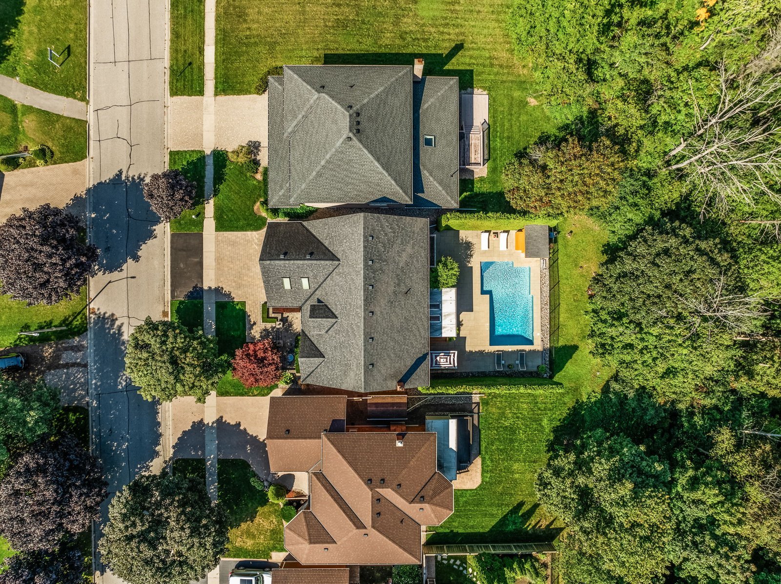 Aerial view of suburban houses with yards, one home featuring a rectangular swimming pool, surrounded by trees and a street on the left.